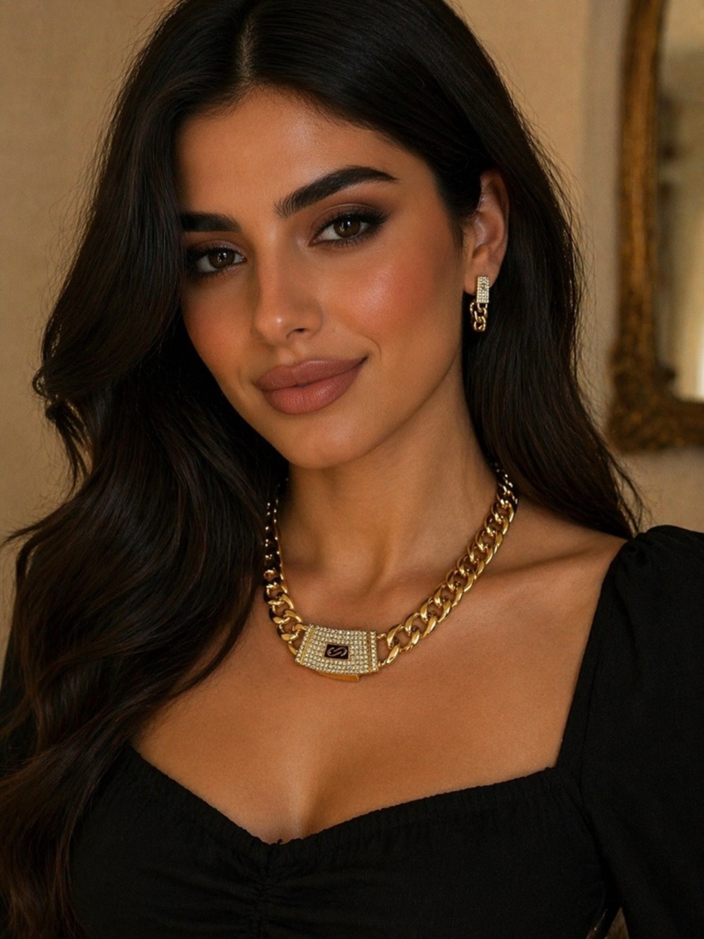 Pavé-Accented Gold Chain Link Necklace - Women Jewelry
